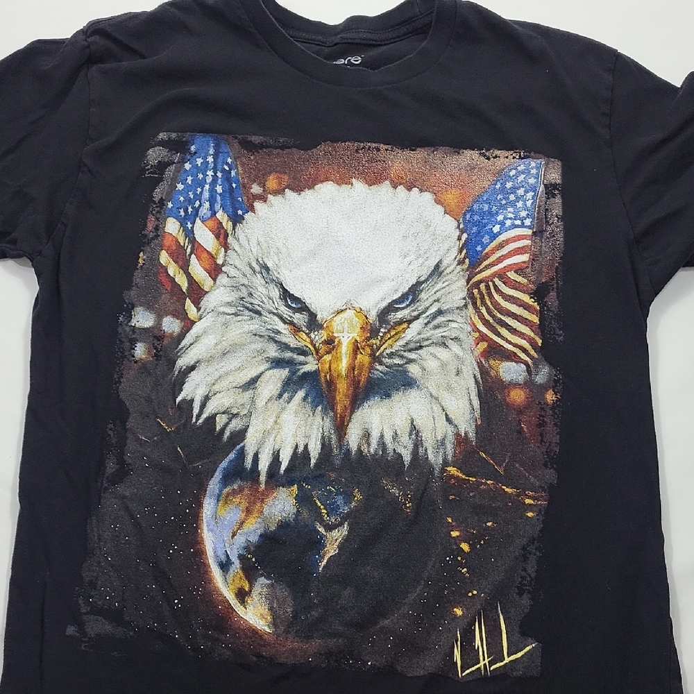 Black Graphic T-Shirt with Eagle and Flags